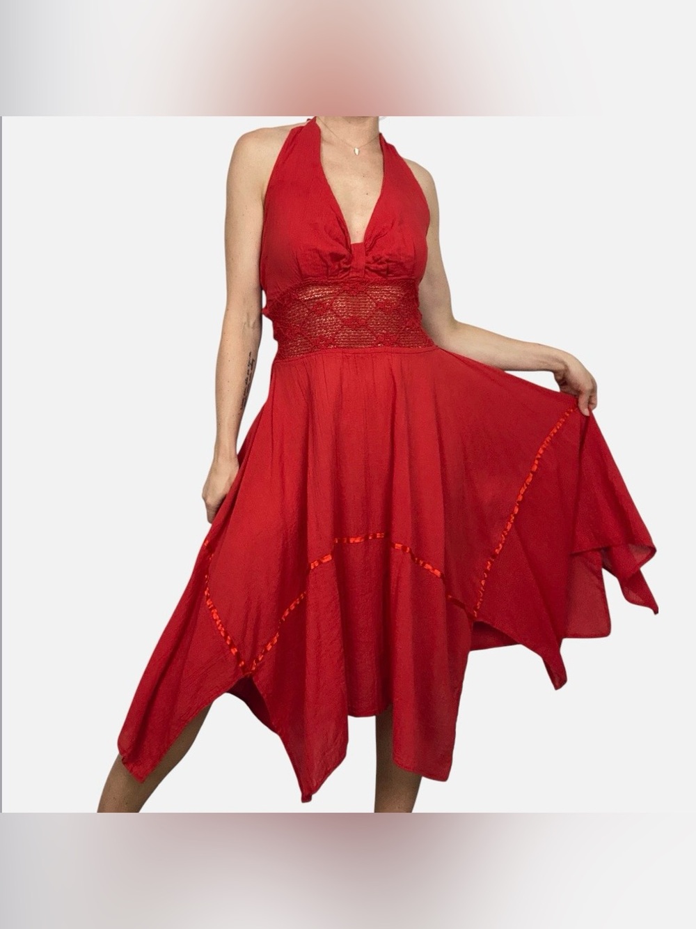 Handmade Red Boho Halter Handkerchief Hem Lace Mesh Waist Flowy Midi Dress